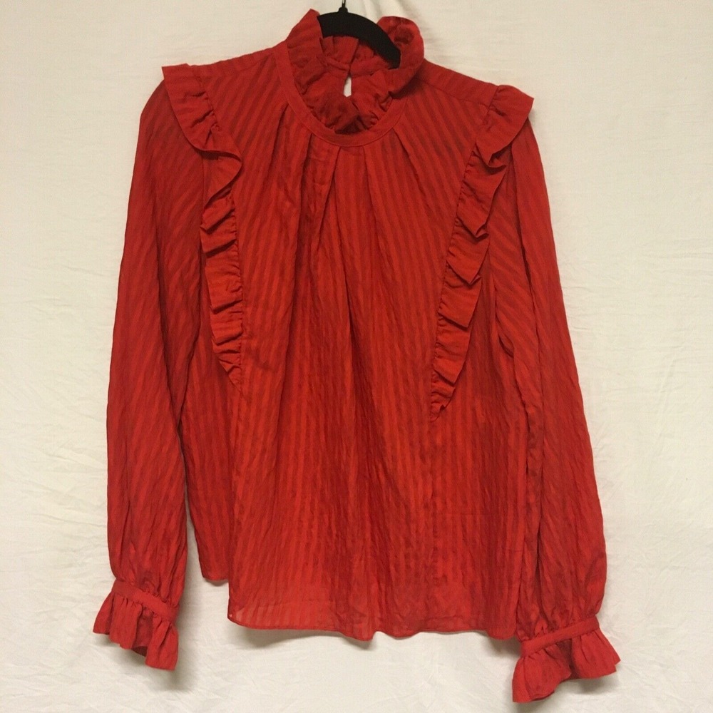 Tara Jarmon Paris Blouse Red Size 42 Turtle Neck Long Sleeves‎ Ruffles Stripes